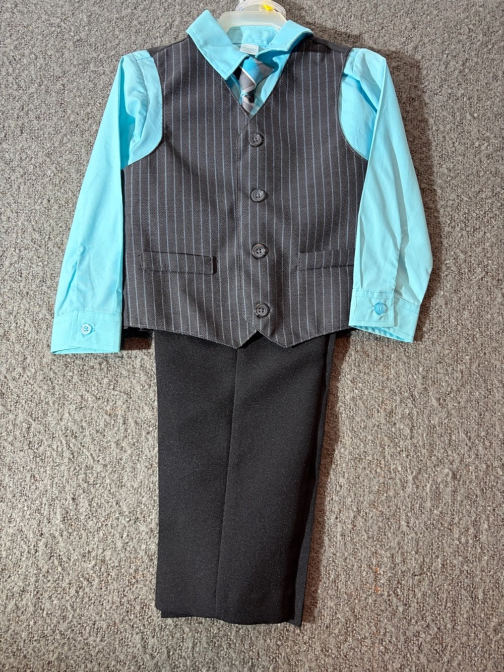 George Boys Black Pinstripe Vest 4 Piece Set with Aqua Shirt and Tie